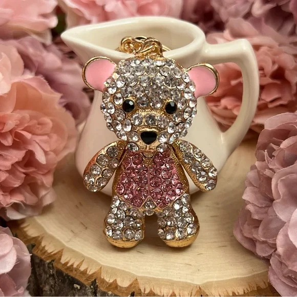 Pink and Silver Crystal Teddy Bear Keychain Charm - Picture 2 of 13